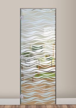 Handcrafted Etched Glass Interior Glass Door by Sans Soucie Art Glass with Custom Patterns Design Called Wavy Creating Semi-Private