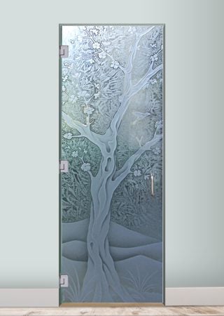 Interior Glass Door featuring Frosted Glass Design Etched Glass by Sans Soucie Art Glass with Custom Asian Design Cherry Blossom III
