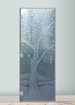 Handcrafted Etched Glass Interior Glass Door by Sans Soucie Art Glass with Custom Asian Design Called Cherry Blossom III Creating Semi-Private