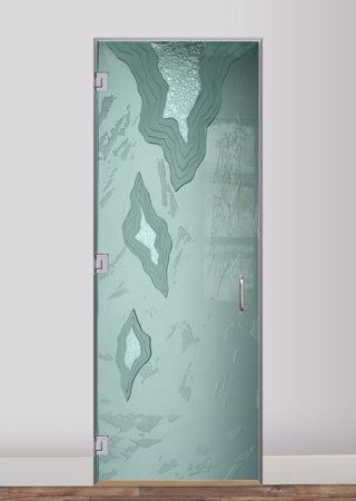 Interior Glass Door showcasing a Frosted Glass Abstract Design with Sandblast Etched Glass Art by Sans Soucie Glacier Design