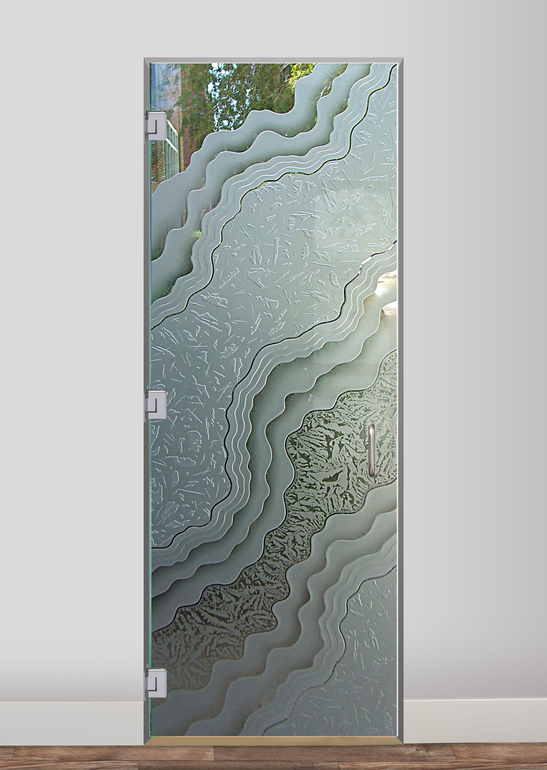 Frosted glass shower door with detailed topographic wave pattern.