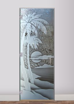 Handcrafted Etched Glass Interior Glass Door by Sans Soucie Art Glass with Custom Palm Trees Design Called Palm Sunset Creating Semi-Private