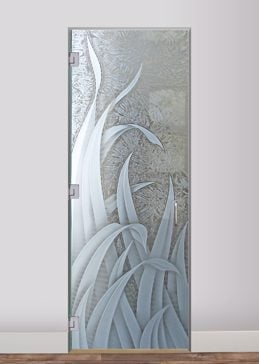 Handcrafted Etched Glass Frameless Glass Door Interior by Sans Soucie Art Glass with Custom Foliage Design Called Reeds Creating Semi-Private