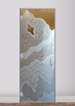 Interior Glass Door showcasing a Frosted Glass Abstract Design with Sandblast Etched Glass Art by Sans Soucie Rugged Retreat Design