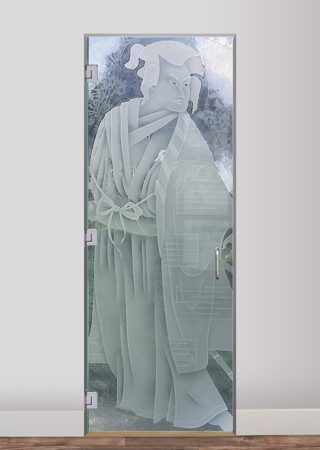 Interior Glass Door featuring a Frosted Glass Asian Design Sandblast Etched Glass Samurai Design by Sans Soucie