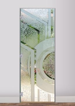 Art Glass Frameless Glass Door Interior Featuring Sandblast Frosted Glass by Sans Soucie for Semi-Private with Geometric Sun Odyssey Design