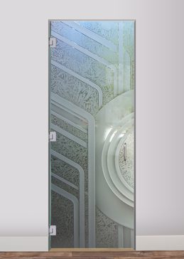 Interior Glass Door with a Frosted Glass Sun Odyssey Curved Geometric Design for Semi-Private by Sans Soucie Art Glass