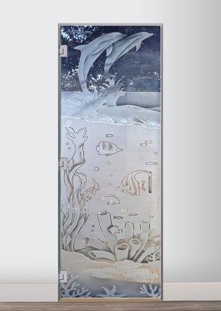 Shower Door featuring Frosted Glass Design Etched Glass by Sans Soucie Art Glass with Custom Oceanic Design Aquarium Dolphins