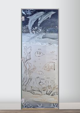 Handcrafted Etched Glass Interior Glass Door by Sans Soucie Art Glass with Custom Oceanic Design Called Aquarium Dolphins Creating Semi-Private