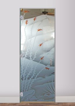 Art Glass Interior Glass Door Featuring Sandblast Frosted Glass by Sans Soucie for Not Private with Desert Ocotillo Blooms Design