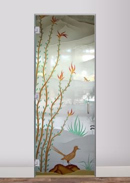 Not Private Interior Glass Door with Sandblast Etched Glass Art by Sans Soucie Featuring Ocotillo Roadrunner Desert Design