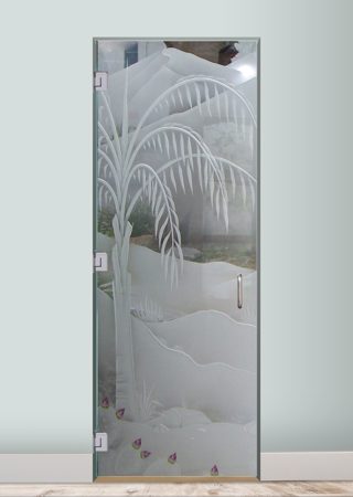 Interior Glass Door featuring Frosted Glass Design Etched Glass by Sans Soucie Art Glass with Custom Palm Trees Design Queen Palm