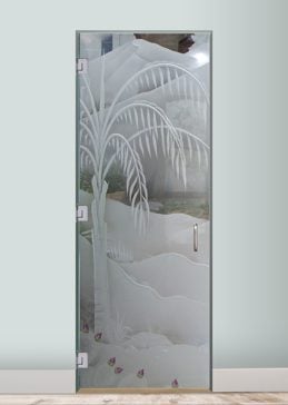Handcrafted Etched Glass Interior Glass Door by Sans Soucie Art Glass with Custom Palm Trees Design Called Queen Palm Creating Not Private