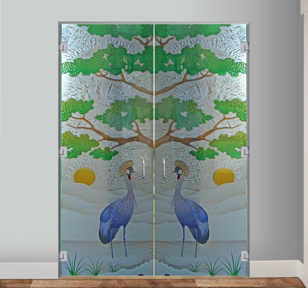 African Crane Semi-Private 3D Enhanced Painted Gluechip Interior Glass Doors Frameless Glass Door Sans Soucie