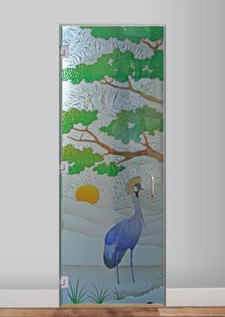 Interior Glass Door featuring Frosted Glass Design Etched Glass by Sans Soucie Art Glass with Custom African Design African Crane