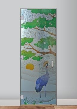 Handcrafted Etched Glass Interior Glass Door by Sans Soucie Art Glass with Custom African Design Called African Crane Creating Semi-Private