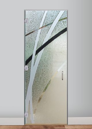 Shower Door showcasing a Frosted Glass Geometric Design with Sandblast Etched Glass Art by Sans Soucie Arcos Design