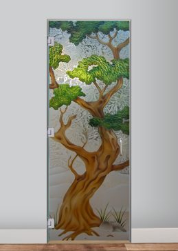 Art Glass Interior Glass Door Featuring Sandblast Frosted Glass by Sans Soucie for Semi-Private with Asian Bonsai Design