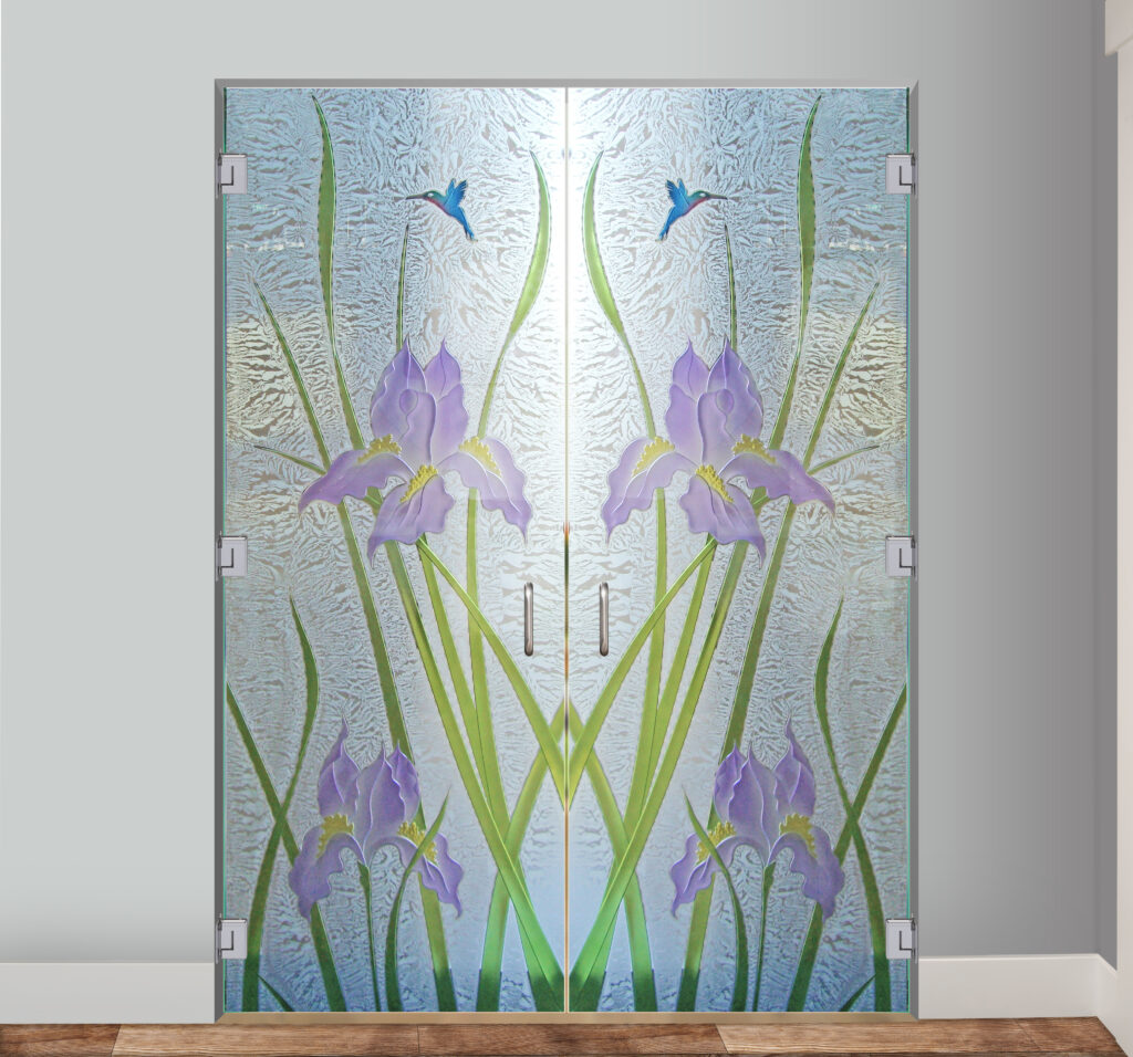 Frosted All Glass Doors Interior Iris Hummingbird 3D Enhanced Painted Gluechip Glass Finish Floral Design Sans Soucie