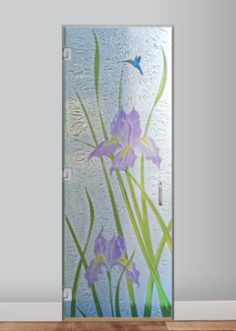 Handmade Sandblasted Frosted Glass Interior Glass Door for Semi-Private Featuring a Floral Design Iris Hummingbird by Sans Soucie