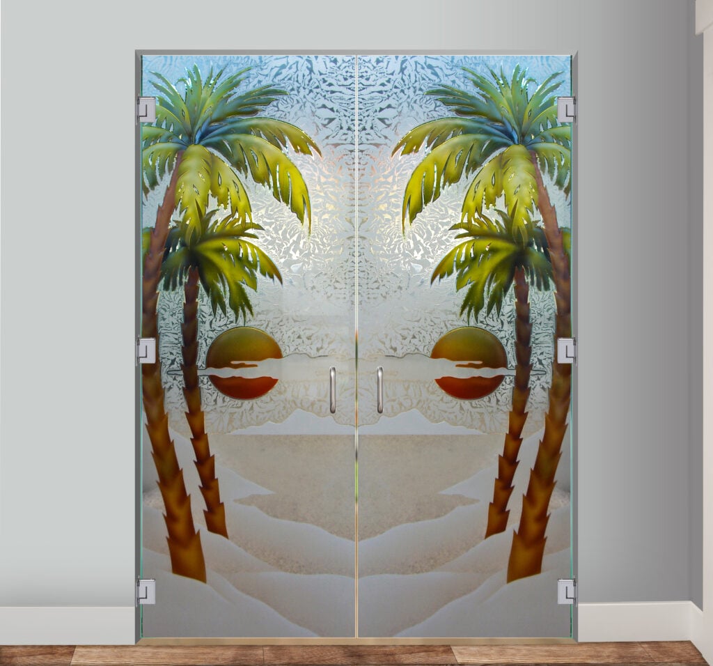 Palm Sunset Semi-Private 3D Enhanced Painted Gluechip Interior Double Doors Frameless Glass Doors Sans Soucie