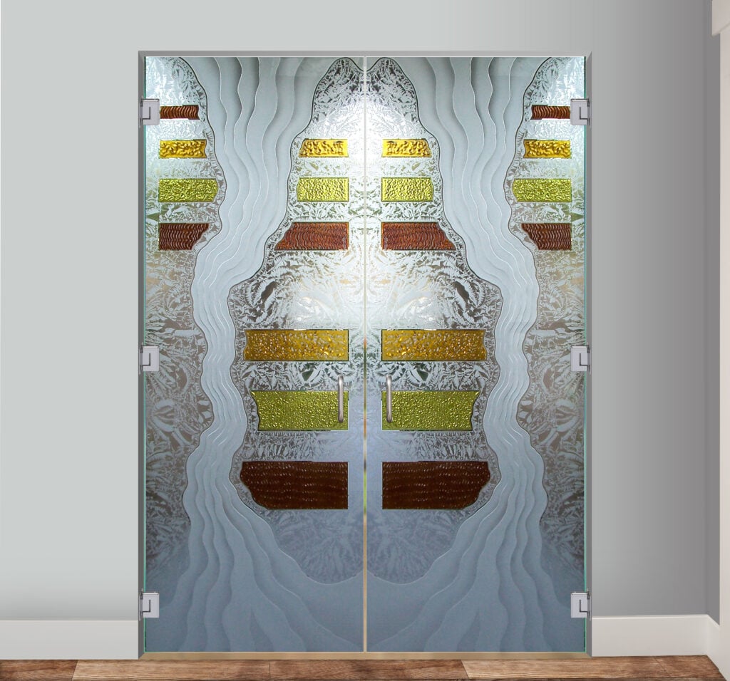 Triptic Semi-Private 3D Enhanced Painted Gluechip Glass Interior Doors Frameless Glass Interior Door Abstract Sans Soucie