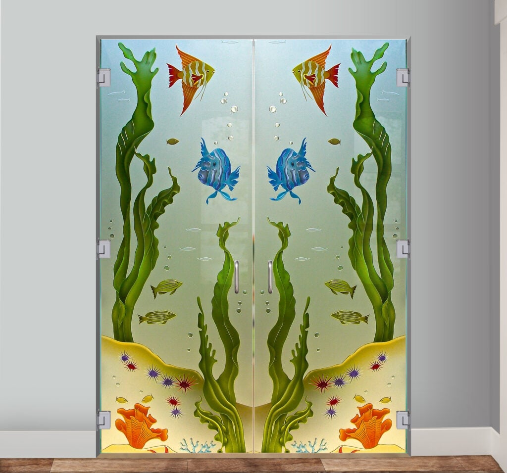 Aquarium Fish Private 3D Enhanced Painted Frosted Glass Interior Doors Frameless Glass Door Beach Style Sans Soucie 