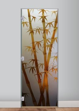 Private Interior Glass Door with Sandblast Etched Glass Art by Sans Soucie Featuring Bamboo Shoots II Copper Asian Design