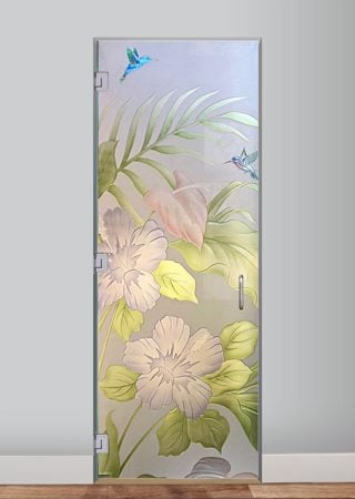 Interior Glass Door featuring a Frosted Glass Tropical Design Sandblast Etched Glass Hibiscus Anthurium Design by Sans Soucie