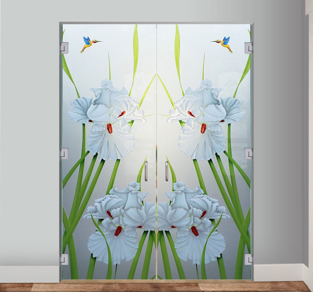 Iris Hummingbird II Private 3D Enhanced Painted Frosted Glass Interior Doors Frameless Glass Interior Door Sans Soucie