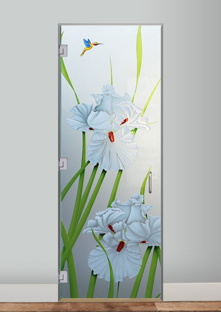 Interior door with a stained glass look and floral design