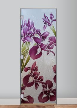 Interior Glass Door with a Frosted Glass Iris III Floral Design for Private by Sans Soucie Art Glass
