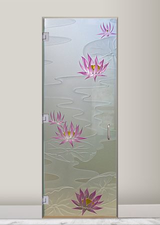Shower Door featuring a Frosted Glass Floral Design Sandblast Etched Glass Lily Pads & Lotus Design by Sans Soucie