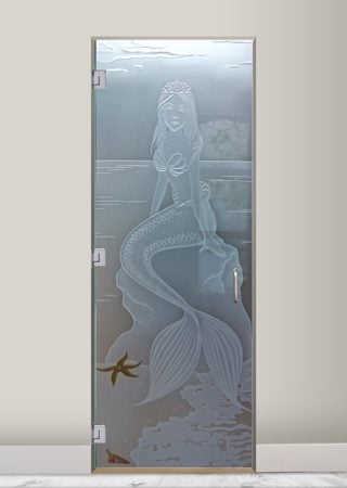 Shower Door featuring Frosted Glass Design Etched Glass by Sans Soucie Art Glass with Custom Oceanic Design Mermaid Princess