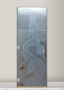 Handcrafted Etched Glass Interior Glass Door by Sans Soucie Art Glass with Custom Oceanic Design Called Mermaid Princess Creating Private