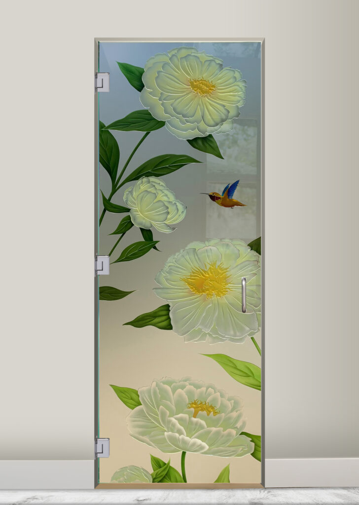 Frameless interior glass pantry door with hand-painted peony flowers and hummingbird design, adding color and artistry to a kitchen interior