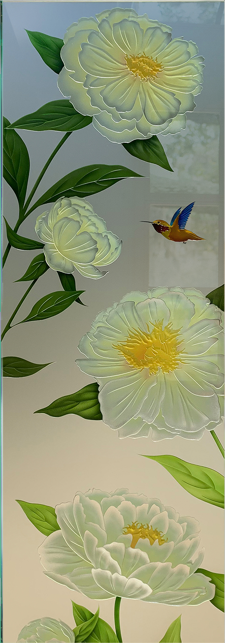 Hand-painted peony flowers and hummingbird on frosted glass panel, artistic door art ideas for custom glass doors.
