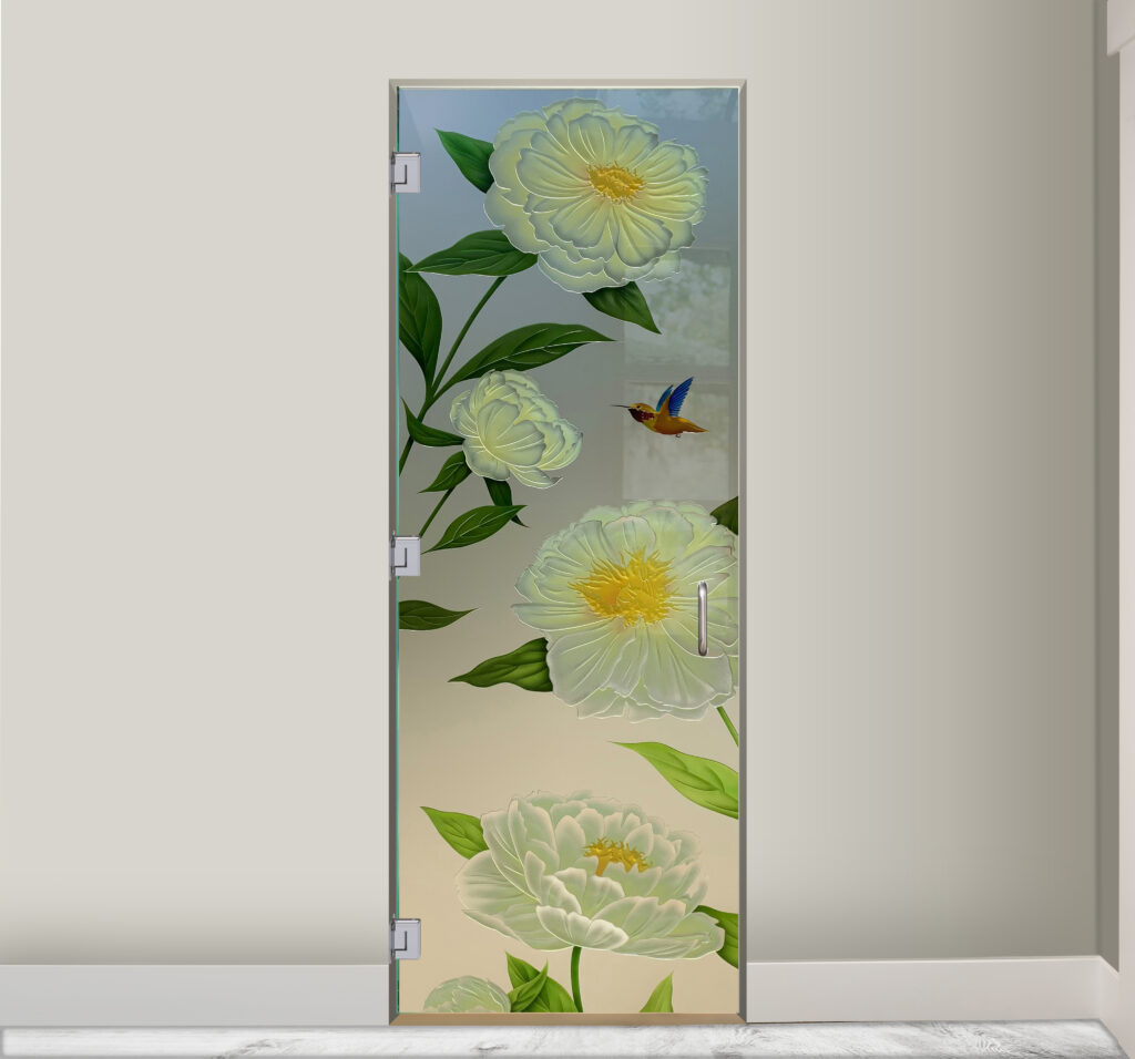 Painted peony floral glass interior door with hummingbird design