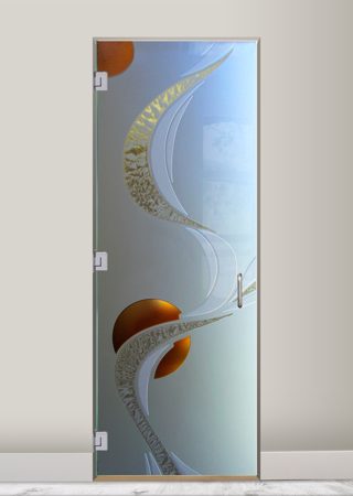 Shower Door featuring a Frosted Glass Geometric Design Sandblast Etched Glass Ribbon Reflection Moons Design by Sans Soucie
