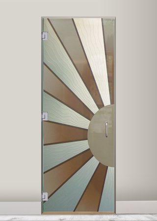 Interior Glass Door featuring Frosted Glass Design Etched Glass by Sans Soucie Art Glass with Custom Geometric Design Sun Beam