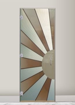 Handcrafted Etched Glass Interior Glass Door by Sans Soucie Art Glass with Custom Geometric Design Called Sun Beam Creating Private