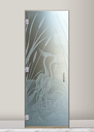 Interior Glass Door showcasing a Frosted Glass Wildlife Design with Sandblast Etched Glass Art by Sans Soucie Cranes & Cattails Design