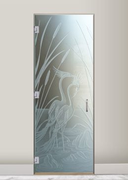 Private Interior Glass Door with Sandblast Etched Glass Art by Sans Soucie Featuring Cranes & Cattails Wildlife Design