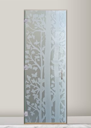 Interior Glass Door showcasing a Frosted Glass Tree Design with Sandblast Etched Glass Art by Sans Soucie Forest Trees Design