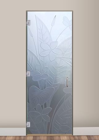 Shower Door featuring a Frosted Glass Floral Design Sandblast Etched Glass Plumeria Design by Sans Soucie