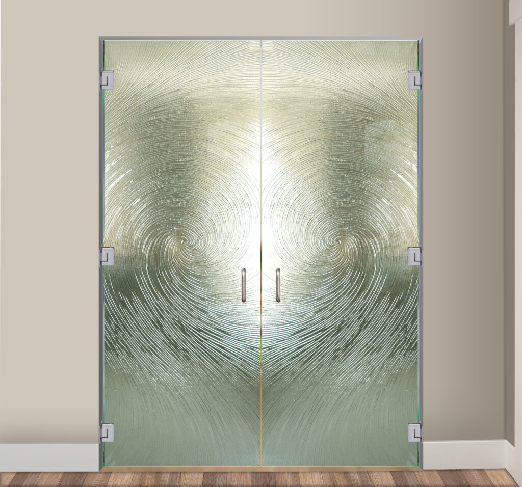 Cast Swirls - Cast Glass CGI Oceanwave Interior Semi-Private Cast Glass Cast Interior Double Doors Textured Glass Frameless Door