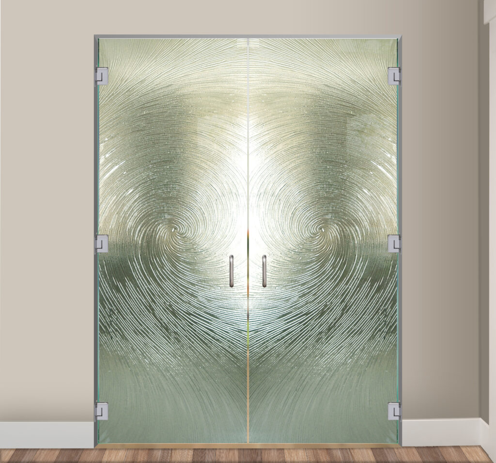 Cast Swirls - Cast Glass CGI Oceanwave Interior Semi-Private Cast Glass Cast Interior Double Doors Textured Glass Frameless Door 