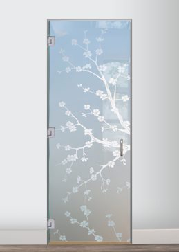 Handcrafted Etched Glass Interior Glass Door by Sans Soucie Art Glass with Custom Asian Design Called Cherry Blossom II Creating Private