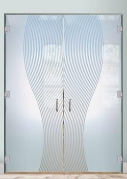 Art Glass Interior Glass Door Featuring Sandblast Frosted Glass by Sans Soucie for Private with Geometric Divise Stripes Design