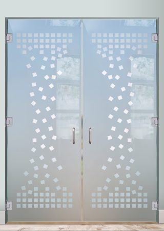 Interior Glass Door showcasing a Frosted Glass Geometric Design with Sandblast Etched Glass Art by Sans Soucie Falling Squares Design